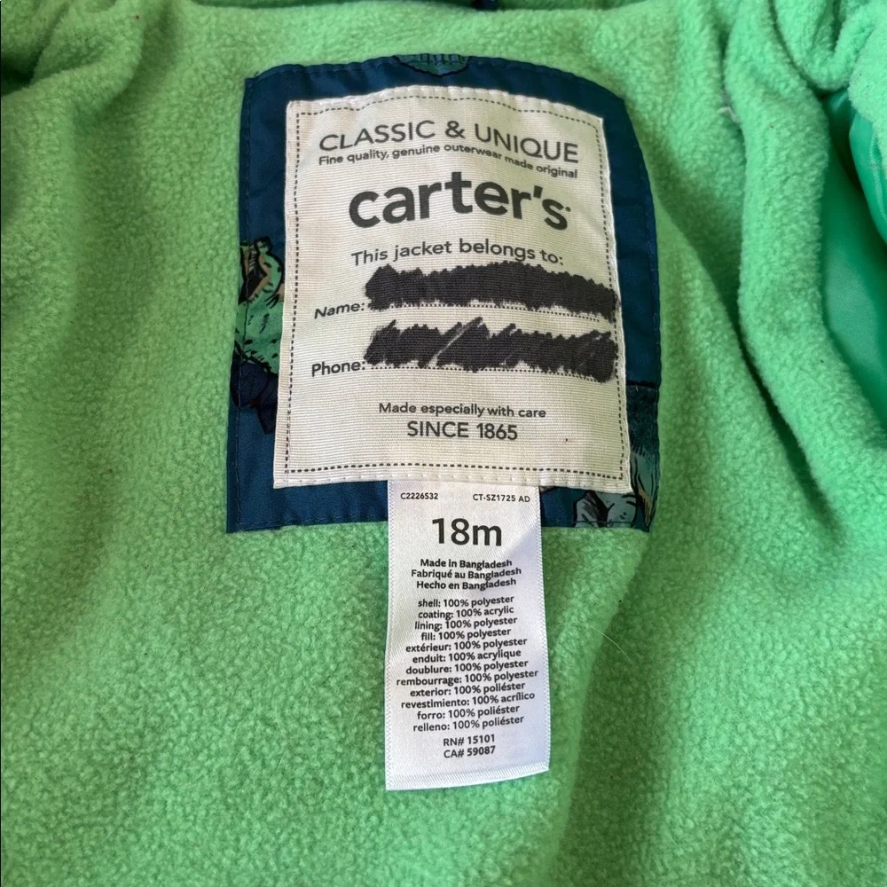 Carter’s Dinosaur Infant Winter Coat Size 18 Months